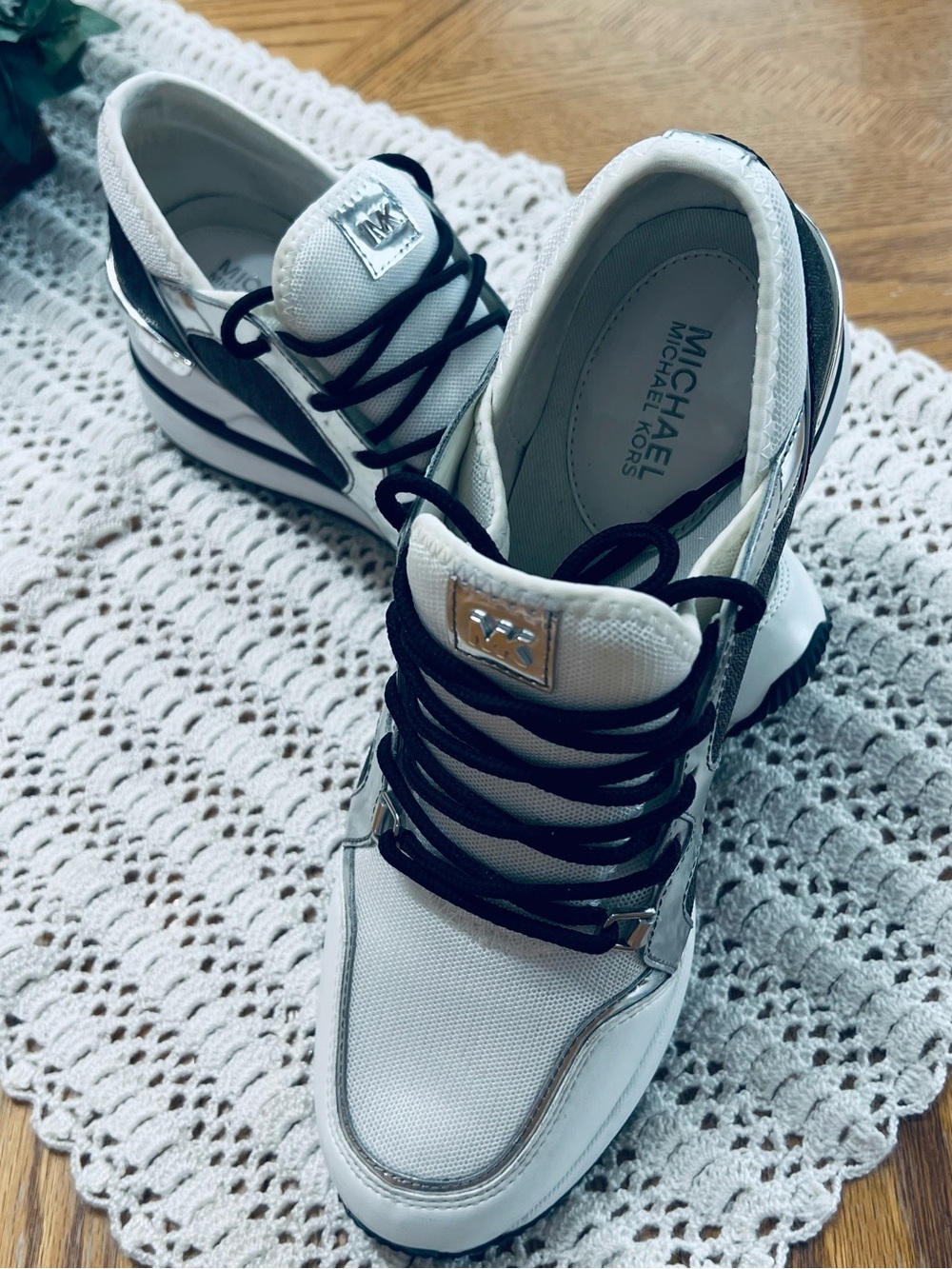 Michael Kors White and Black Lace-Up Women’s Sneakers with Silver Accents
